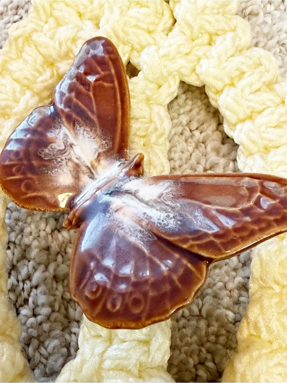 1970s Macrame Towel Holder Brown Ceramic Butterfly Handmade Hanging Boho Vintage